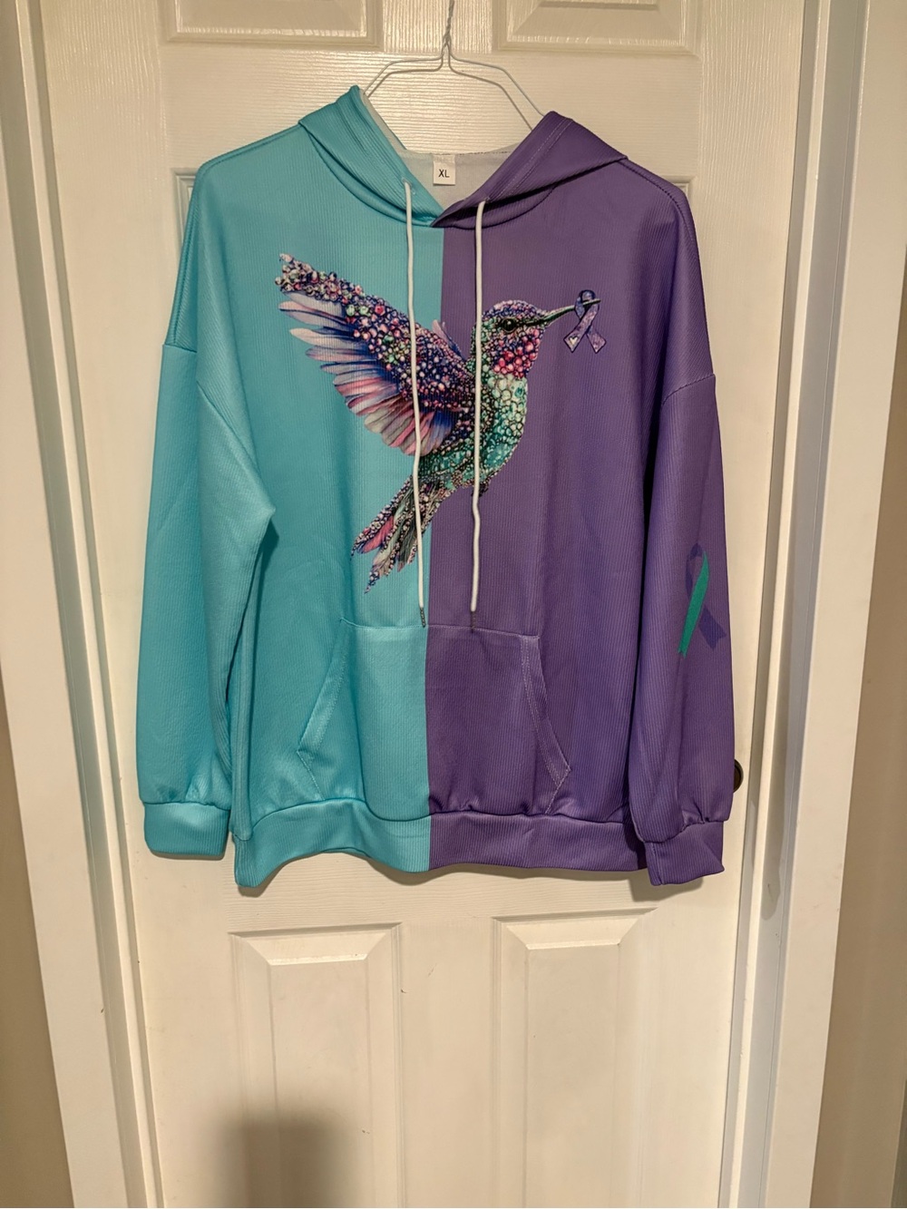 Teal and Purple Hummingbird Split-Color Hoodie